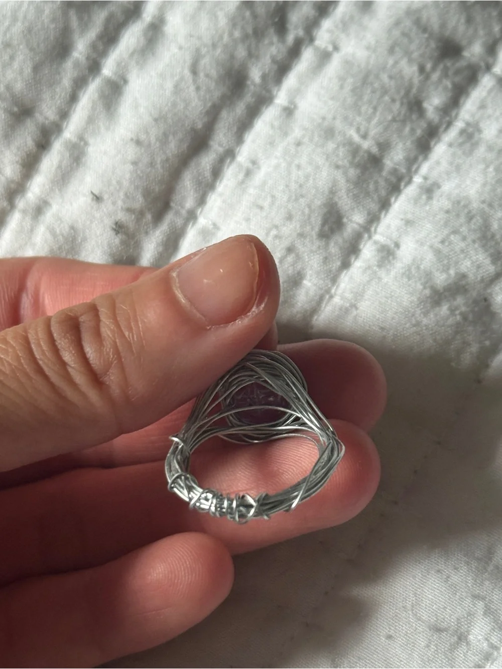 Handmade Silver Wire Wrapped Ring w/ Lilac Purple Glass Bead – Fits Size 6